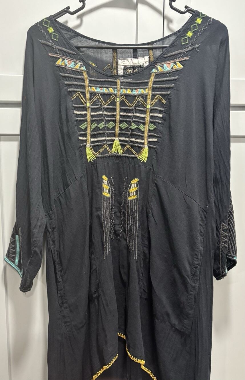 BIYA Johnny Was Embroidered Tunic Dress Bohemian Boho Woven Kurta Tunic, Size S